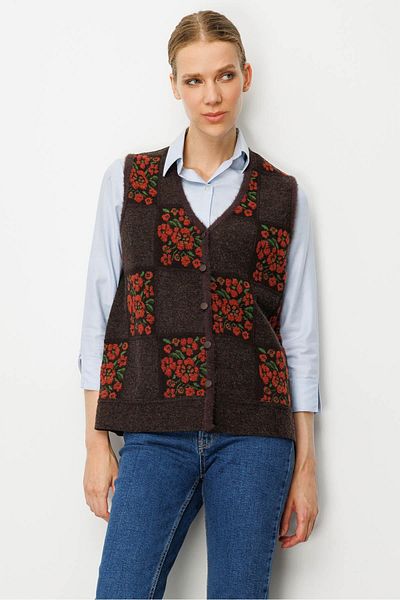 Desen Triko Women's Pıtırcık Floral Patchwork Felt Wool Vest K.Brown_Tile