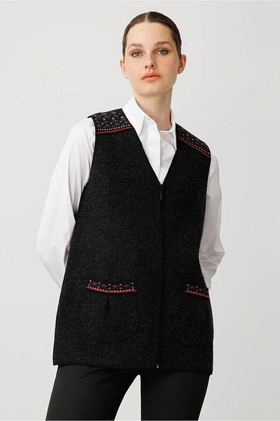 Desen Triko Women's V-Neck Front Felt Zippered Short Wool Vest Black