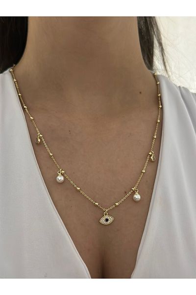 MyladyAccessoriess Pearl and Eye Detail Steel Charm Necklace