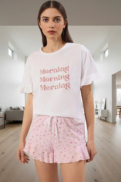 PayBuy Women's Summer Cotton Pajama Set Crew Neck Flounced Shorts Comfortable Design Use