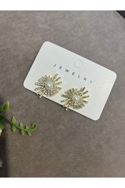 VİYA Gold Pearl and Zircon Stone Sun Motif Steel Earrings