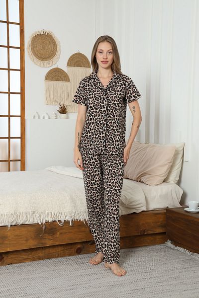 KAPİTEX Short Sleeve Button down Leopard Pajama Set