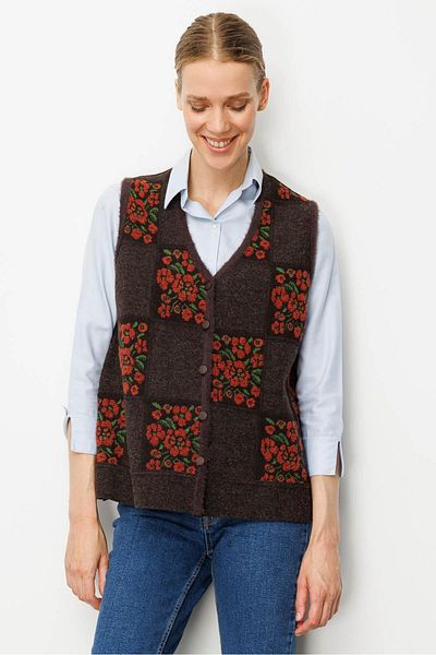Desen Triko Women's Pıtırcık Floral Patchwork Felt Wool Vest K.Brown_Tile