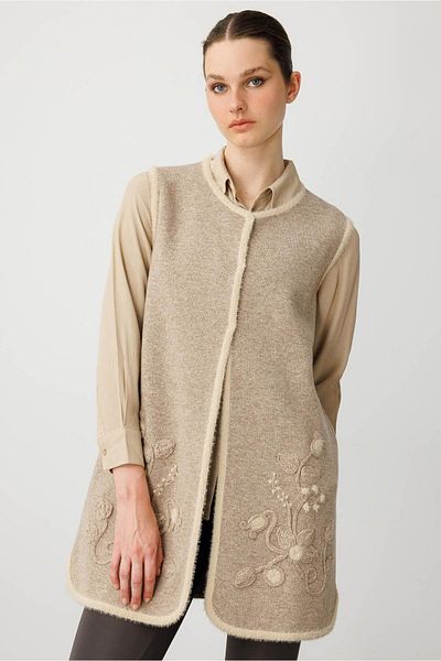 Desen Triko Women's O-Neck Floral Long Wool Vest K.Beige