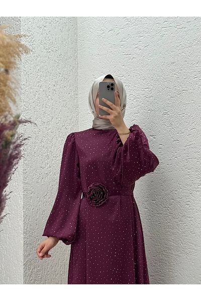 MİHRA STORE Rochie din satin Nevin Stoned Rose-BN4346 Roșu Claret