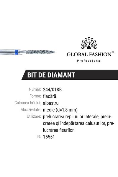 global fashion Diamond cuticle bit, blue, flame 244-018B, 1.8 mm
