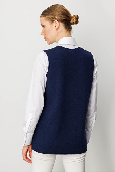 Desen Triko Women's V-Neck Front Felt Zippered Short Wool Vest Y.A.Navy Blue