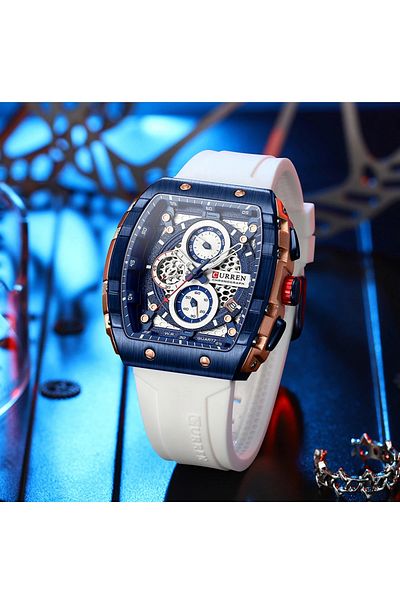 Curren Ceas bărbătesc 8442, Cronograf Sport Quartz, Casual, Curea Silicon Alb, Design Modern
