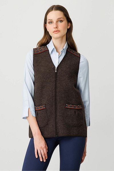 Desen Triko Women's V-Neck Felt Zippered Short Wool Vest Dark Brown