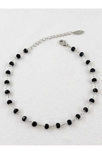 Siya Silver Black Natural Stone Steel Anklet