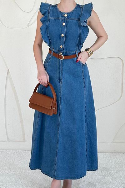 Elbee Fashion Woman Long Denim Dress with Belt Detail