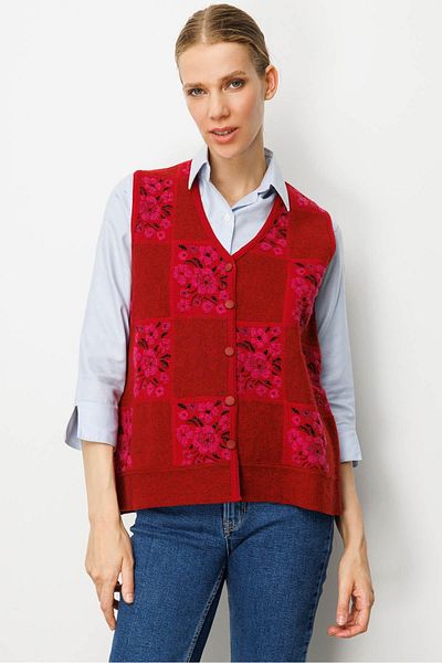 Desen Triko Women's Pıtırcık Floral Patchwork Felt Wool Vest Y.Red_Sıklamen