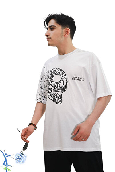 sermoda Унисекс тениска с десен на череп, свободна кройка, тениска с голям размер, бяла