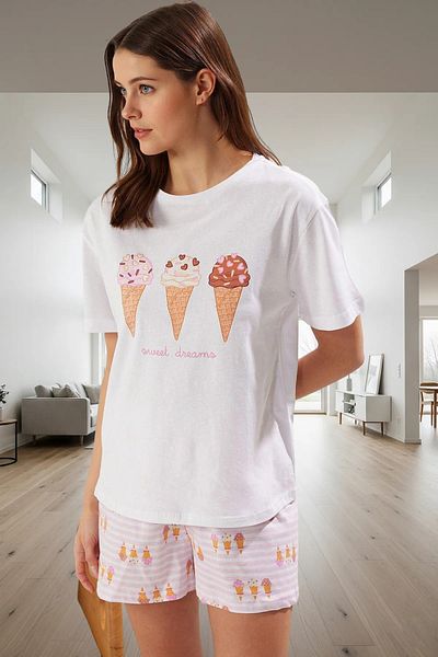 PayBuy Women's Summer Short Sleeve Cotton Pajamas Set Ice Cream Printed for Comfortable Daily Wear