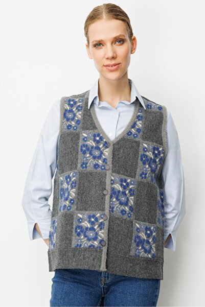 Desen Triko Women's Pıtırcık Floral Patchwork Felt Wool Vest Smoked_Blue