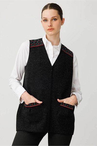 Desen Triko Women's V-Neck Front Felt Zippered Short Wool Vest Black