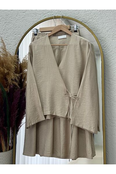 MİHRA STORE Serona Top cu fustă kimono Set căpșuni-EK556-AS079 Stone