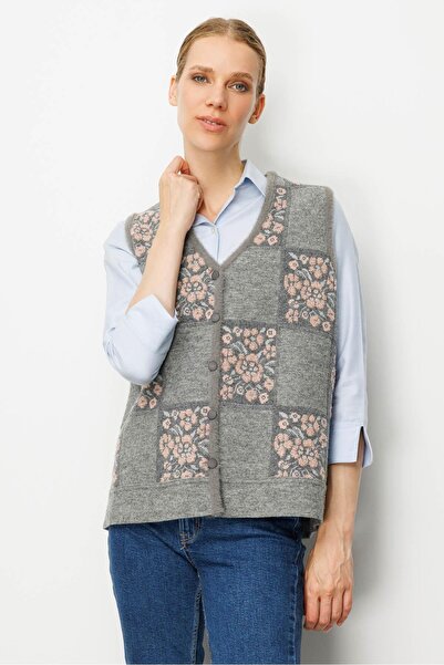 Desen Triko Women's Pıtırcık Floral Patchwork Felt Wool Vest Y.Smoked_A.Pink