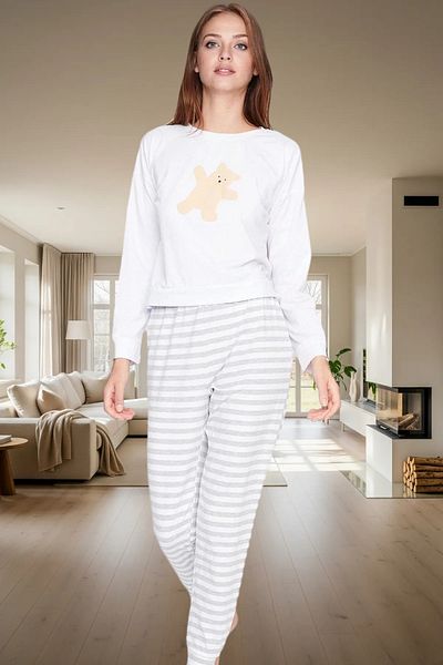 PayBuy Women's Striped Cotton Pajama Set with Teddy Bear Pattern Comfortable Fit Stylish Appearance Distinguished Material