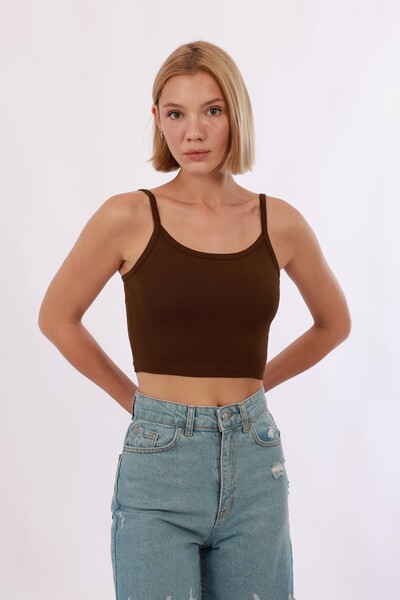 Yade Fashion Kadın Askılı Crop – Kahverengi