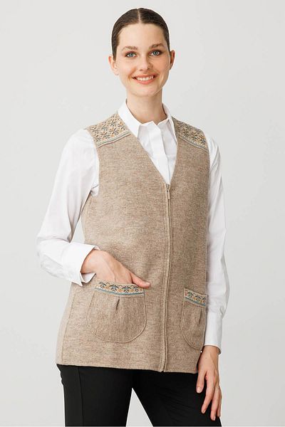 Desen Triko Women's V-Neck Front Felt Zippered Short Wool Vest K.Beige