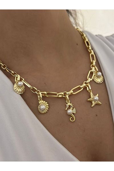 MyladyAccessoriess Sea Horse Pearl Detail Charm Steel Necklace