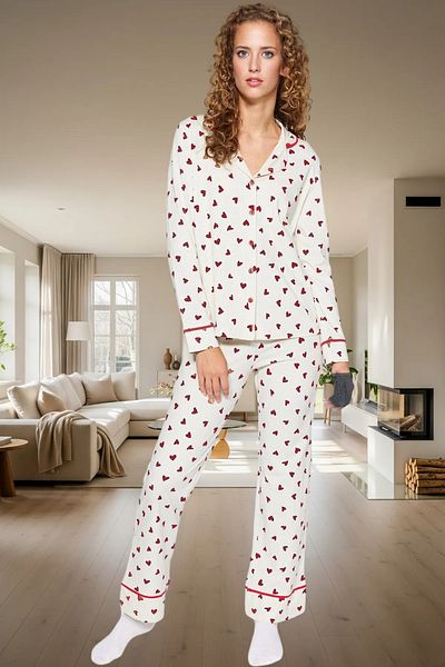PayBuy Women's Heart Patterned Cotton Pajamas Set Comfortable Home Wear Set Winter Season Use