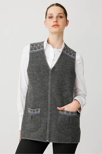 Desen Triko Women's V-Neck Felt Front Zippered Short Wool Vest Smoked