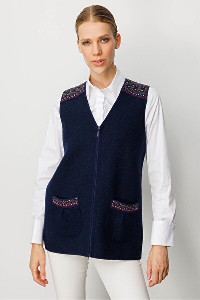 Desen Triko Women's V-Neck Front Felt Zippered Short Wool Vest Y.A.Navy Blue