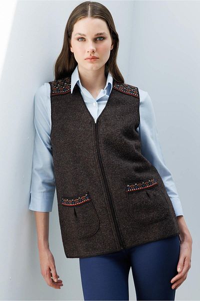 Desen Triko Women's V-Neck Felt Zippered Short Wool Vest Dark Brown