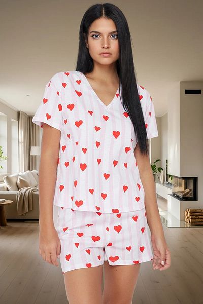 PayBuy Women's Short Sleeve V Neck Cotton Pajamas Set Striped Heart Pattern Summer Long Lasting High Quality