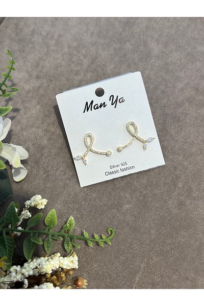 VİYA Gold Zircon Stone Half Bow Steel Earrings