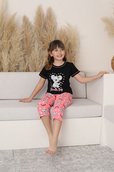 KAPİTEX Mother Daughter Short Sleeve Crew Neck Kuala Printed Black Color Girls Pajamas Set