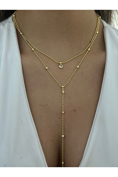 MyladyAccessoriess Tek Taş Ve Topçuk Detaylı Y Kolye (Çelik)
