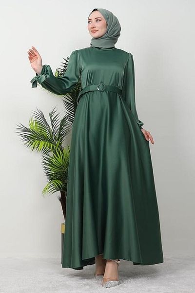 STİLZERAFET Belted Satin Evening Dress
