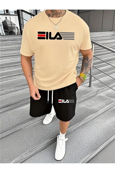 LAND MODA 2-Piece Sportswear Set for Men - Summer "Letter" Print Short Sleeve T-Shirt and Elastic Waistband