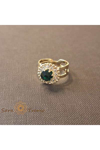 saratremo Adjustable Flower Ring with Green Crystal Plated in 18K Gold - Origin Brazil