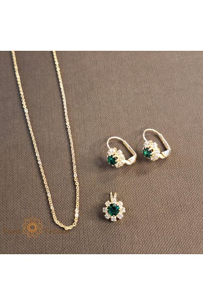 saratremo Set lantisor + pandantiv + cercei placati cu aur cu cristal verde