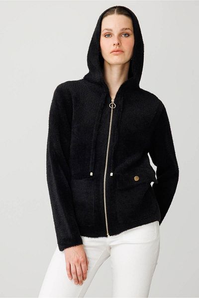 Desen Triko Women's Hooded Zippered Short Knitwear Sweatshirt Black