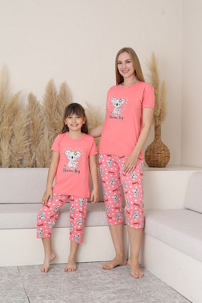 KAPİTEX Mother Daughter Short Sleeve Crew Neck Kuala Printed Gray Color Mother Pajamas Set