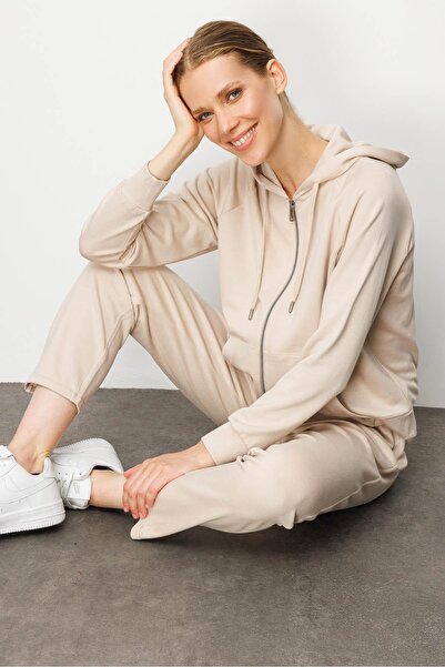 Desen Triko Women's Kangaroo Pocket Sweat Tracksuit Top Beige