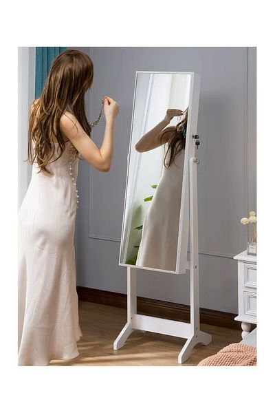 Comfy WHITE FLOOR LENGTH LOCKABLE CLASSIC JEWELLERY CABINET MIRROR