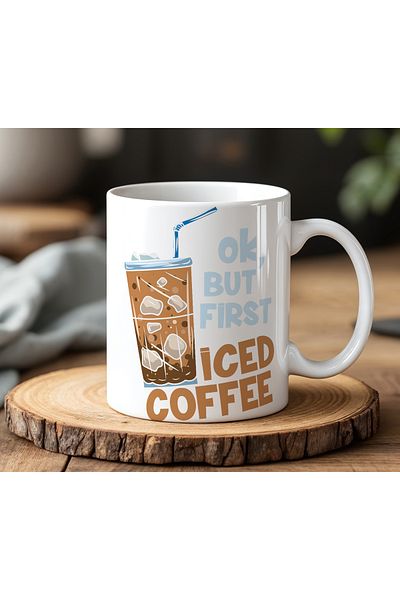 BB TRADE White Ceramic Printed Mug with Iced Coffee Written Design 330ml