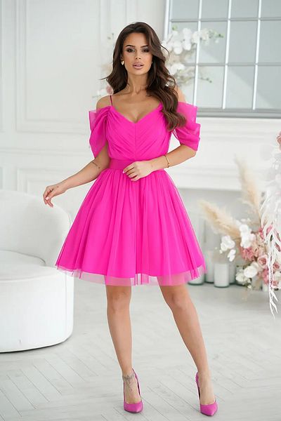 UniqueStore.ro Marzia Pink Dress, Elegant Tulle Dress With Dropped Shoulders