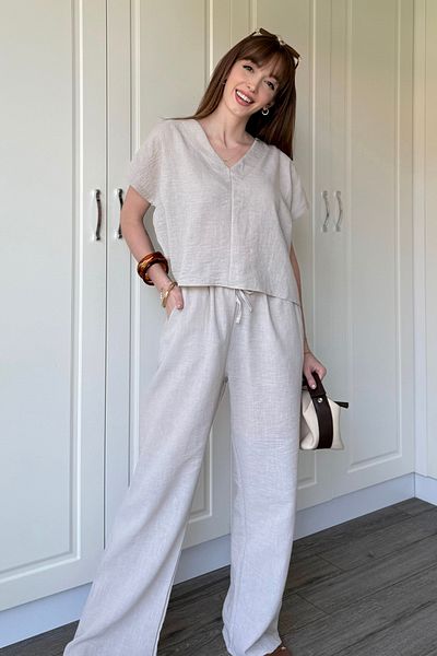 Dilay Gökoğlu Butik Double Breasted Collar Linen Trousers Suit