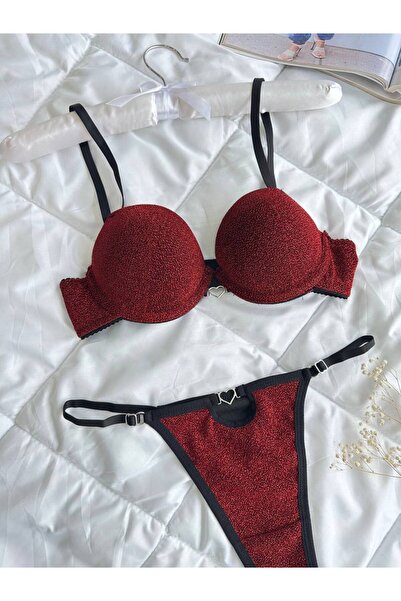 Lingerie Red Heart Glitter Black Supported Bra Set Supported Women's Underwear Bra Thong Set
