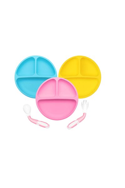 OEM Set 5 piese, 3 farfurii cu ventuza si 2 tacamuri pentru bebelusi, silicon, multicolor