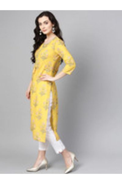 IndHeritage Premium cotton office / casual kurti - Yellow kurti / kurta for women with ethnic prints
