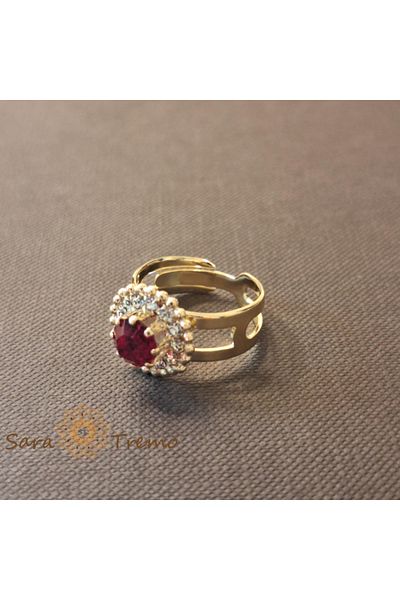 saratremo Adjustable flower ring with red crystal plated 18k - Brazil origin