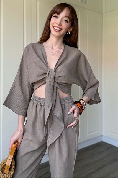 Dilay Gökoğlu Butik Women's Crop Blouse Front Tie Detail Set